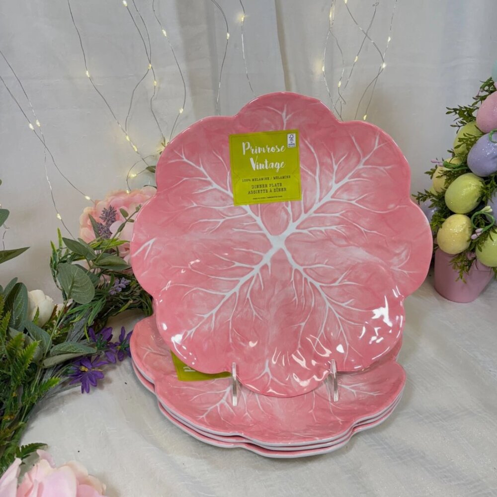 Primrose Vintage Melamine Dinner Plates Pink Cabbage Leaf 11” set of 4 New - Picture 3 of 3